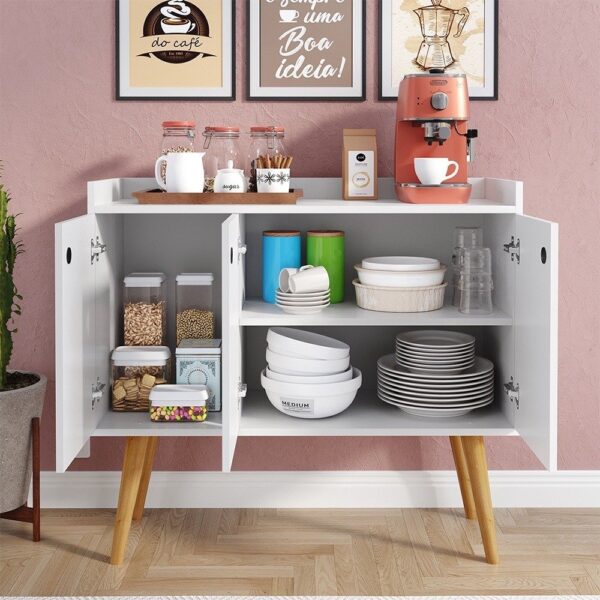 Aparador Buffet Wood Prime 3 Portas Cantinho Café Prateleira Organizadora Pés Palito Decoração Retrô – Branco – Rpm - Imagem 6