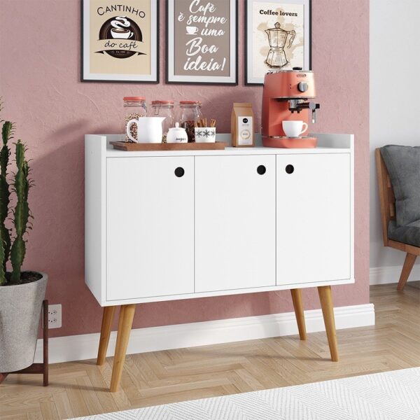Aparador Buffet Wood Prime 3 Portas Cantinho Café Prateleira Organizadora Pés Palito Decoração Retrô – Branco – Rpm - Imagem 5